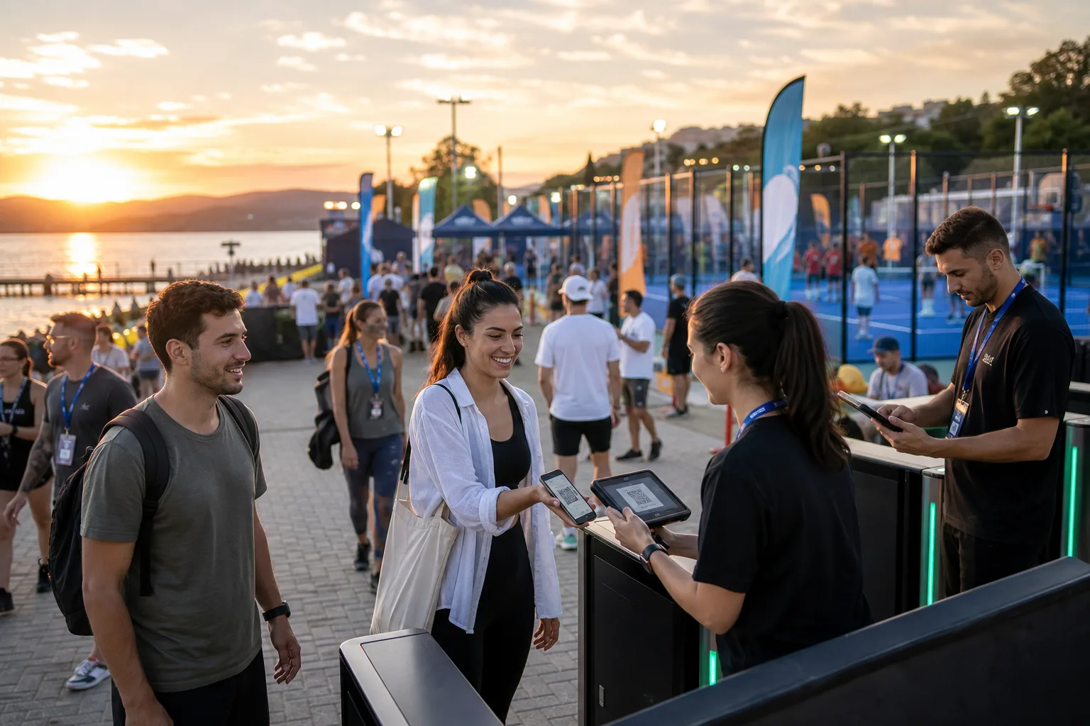 Outdoor event check-in with attendees and staff