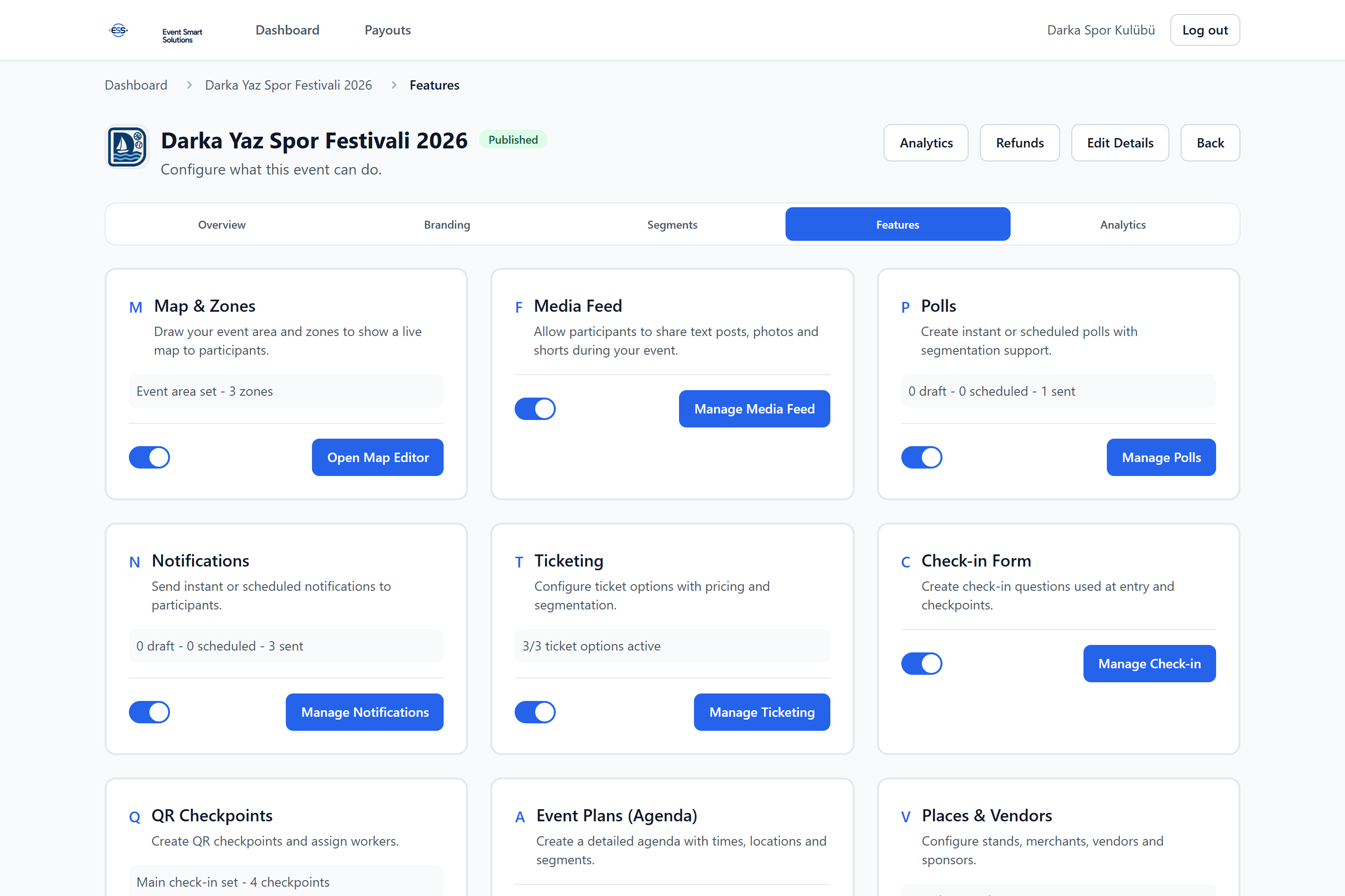 Per-event module setup with feature toggles